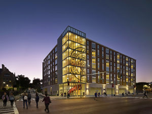 The seven-story, 100,000-square-foot Iona College North Avenue Residence Hall includes nearly 7,000 square feet of retail space on the ground level.Photo Credit: Halkin Mason Photography